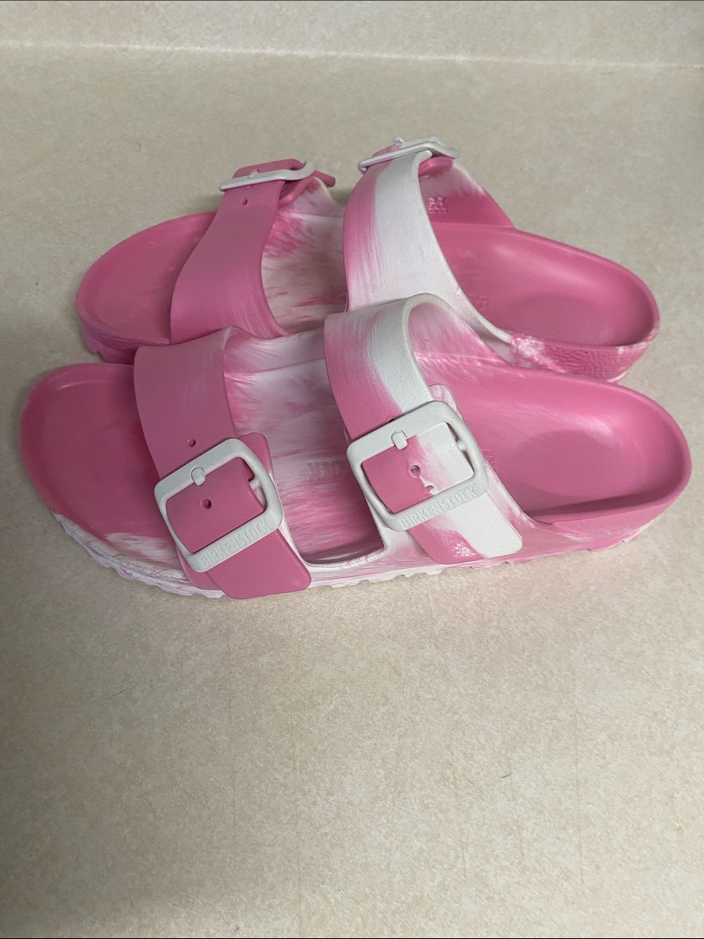 Birkenstock Pink and White Two-Strap EVA Slides L6 - Picture 3 of 10